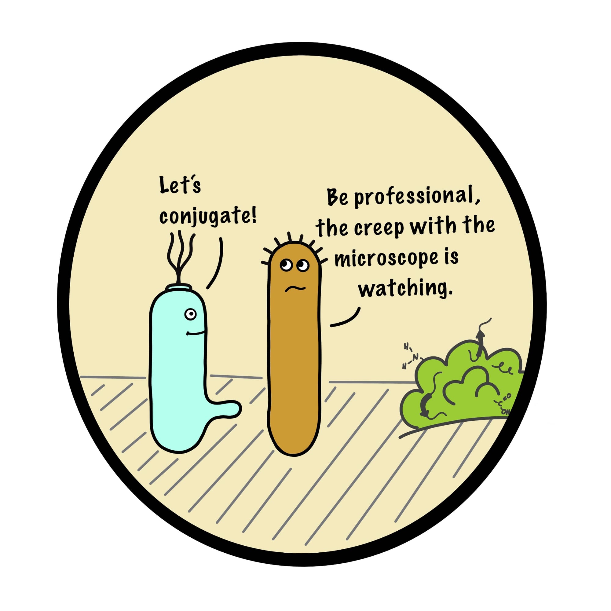 Two bacteria flirting on a lab surface while a microbe with a microscope watches from a bush.