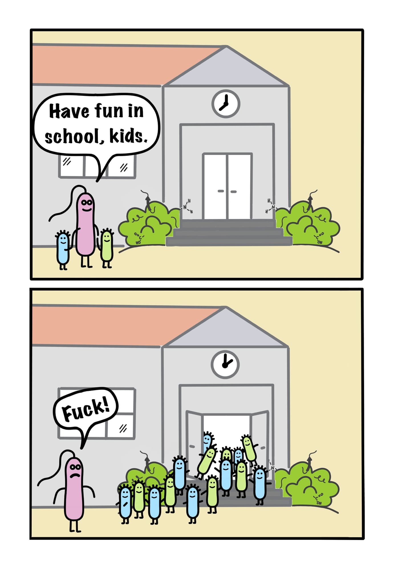 A bacterium drops two kids at school; a horde of identical kids streams out at the end of the day.