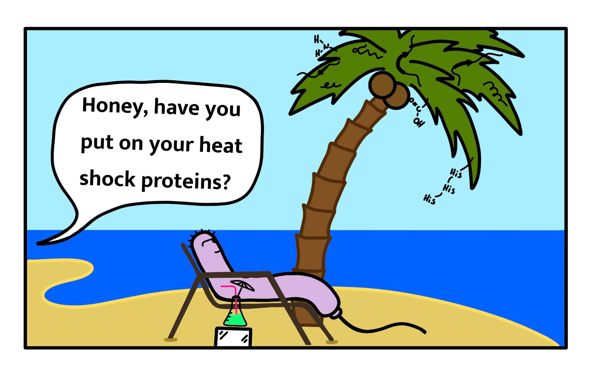 A bacterium relaxing on a beach chair under a palm tree, sipping from a chemistry flask.