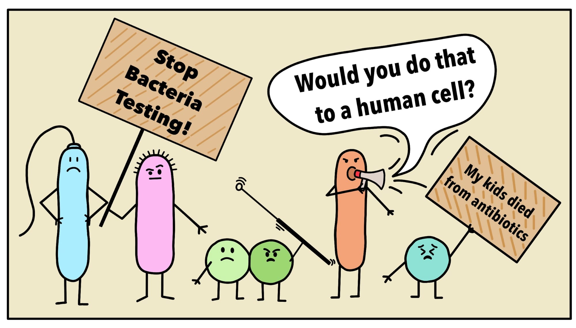 Bacteria protest with picket signs reading 'Stop Bacteria Testing!' and 'My kids died from antibiotics'.