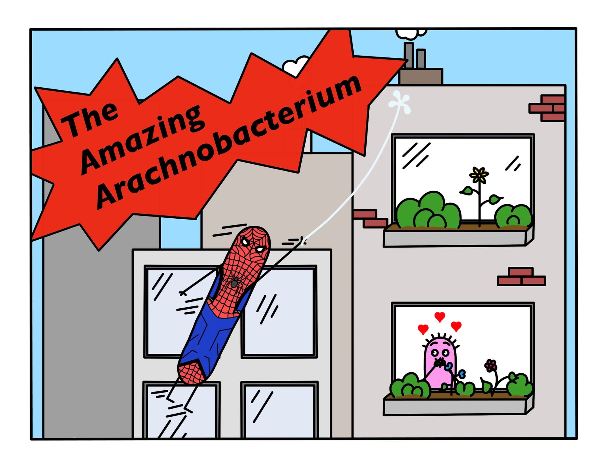 A bacterium dressed as Spider-Man swings between buildings.