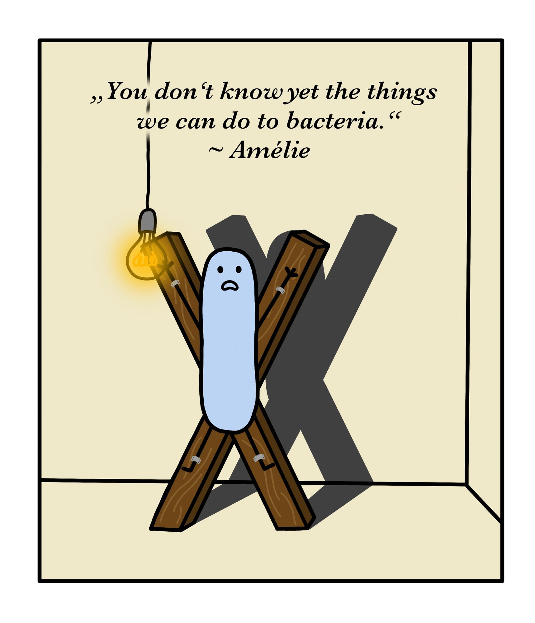 A bacterium tied to a wooden cross under a single interrogation lamp.