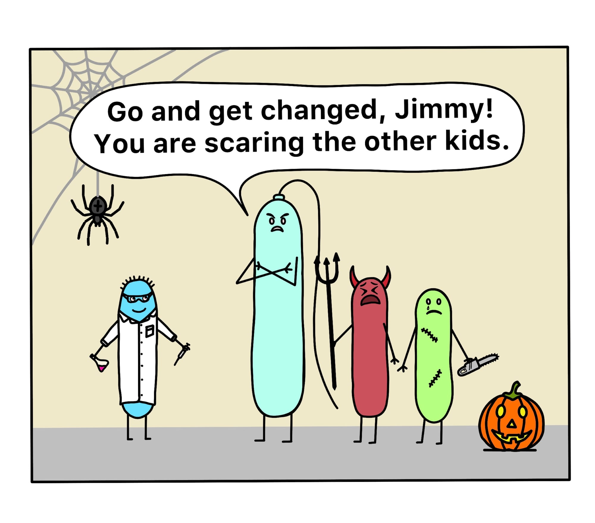 A bacterium parent scolding their kid Jimmy, who is dressed as a scientist for Halloween, while siblings dressed as devil and Frankenstein look on.