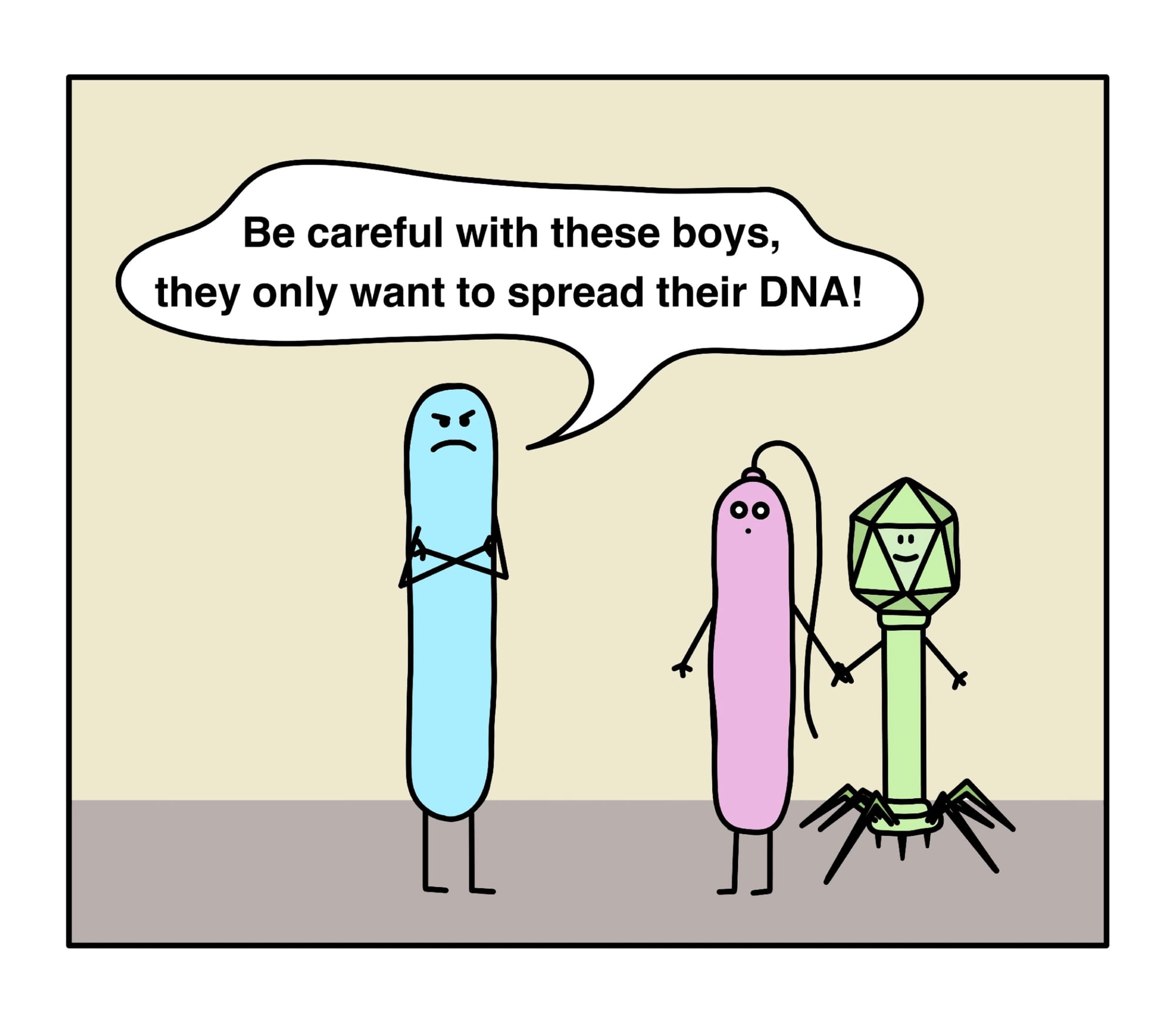 An angry mother bacterium warns her daughter about a phage suitor she's holding hands with.