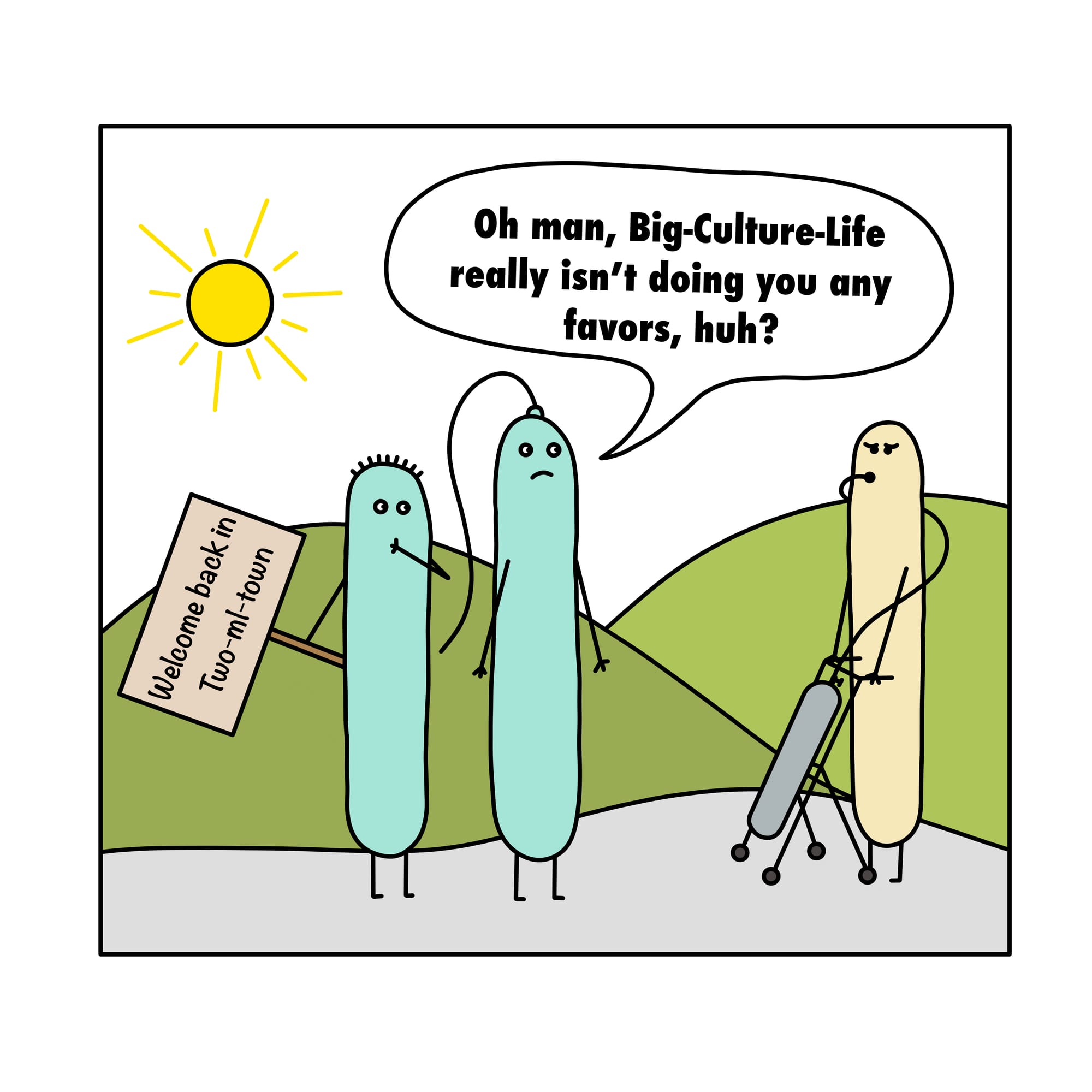 Two bacteria greet a third one with a cane in front of a 'Welcome back in Two-ml-town' sign.