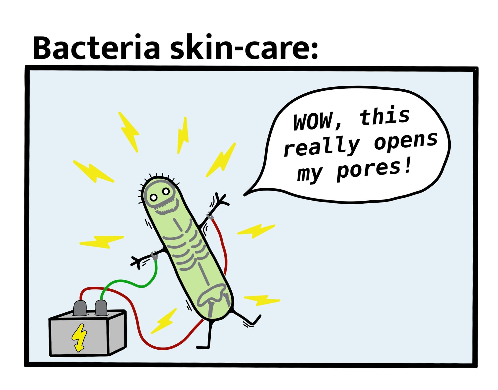 A bacterium connected to a battery, lightning bolts crackling around it as it gets electroporated.