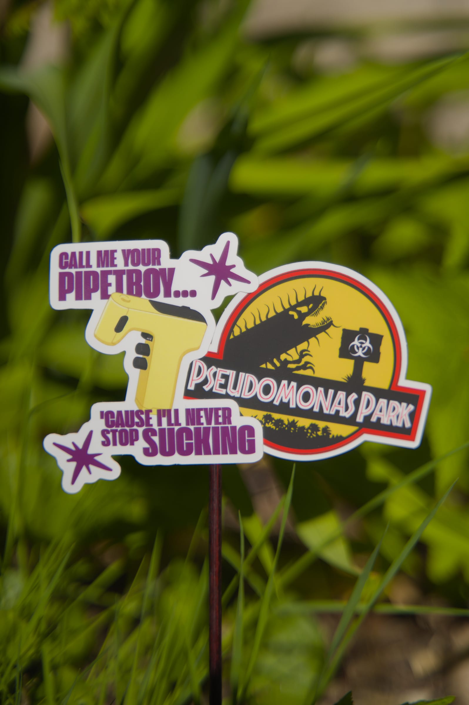 Beide Sticker zusammen, vor einem Pflanzenhintergrund.